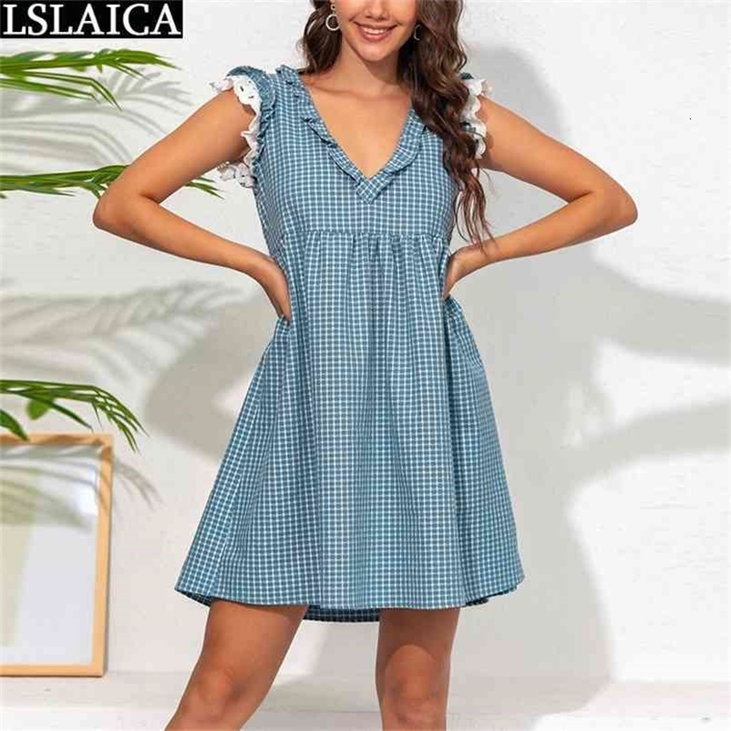 Summer Dress for Women Plaid Ruffle Short Sleeve V Neck High Waist Plus Size Female Vintage Mini Beach Holiday Vestidos 210515