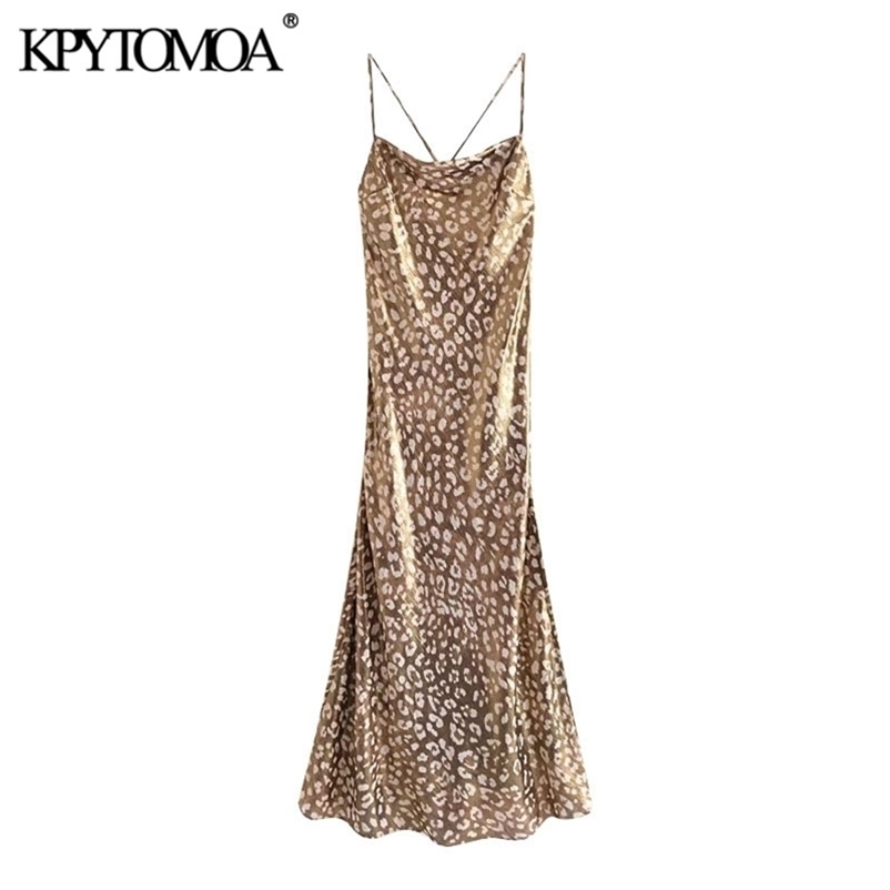Women Chic Fashion Leopard Print Soft Touch Midi Camisole Dress Backless Thin Straps Female Dresses Mujer 210420