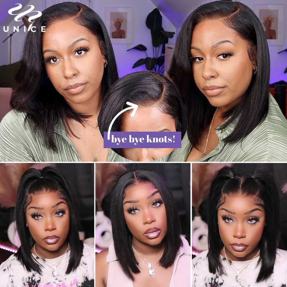 UNice Hair Light Yaki Straight Bob Wig With Elastic Drawstring 7x5 Pre Cut Pre Bleached Glueless Wigs Human Hair Ready To Wear F250923