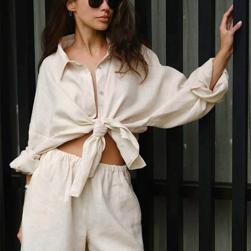 Bornladies Casual Shorts Sets 100% Cotton 2 Pieces Cozy Lapel Lantern Sleeve Shirt Summer Outfit Elastic Waist Shorts Suits 250318