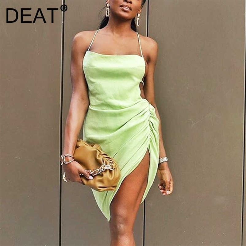 DEAT Women Sling Asymmetrical Dress Backless Sleeveless Arrivals Lady Sexy Temperament Fashion Spring Summer 11D1359 210709