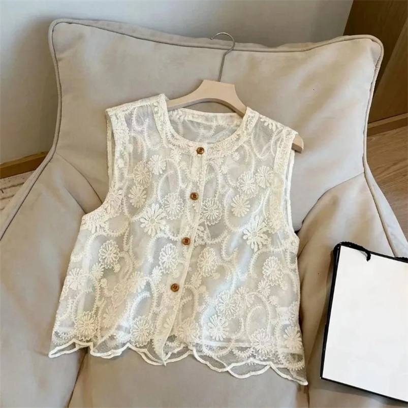 Chinese Style Embroidered Lace Hollow Out Sleeveless Shirt Womens Summer Temperament Versatile Chic Top 250318