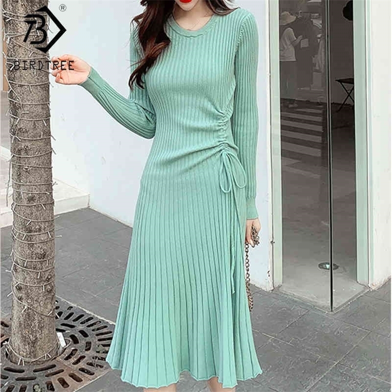 Solid O-Neck Woman Knitting Dress Autumn Winter Ribbon Long Sleeve Fashion Slim Women Midi Dresses D08203K 210416