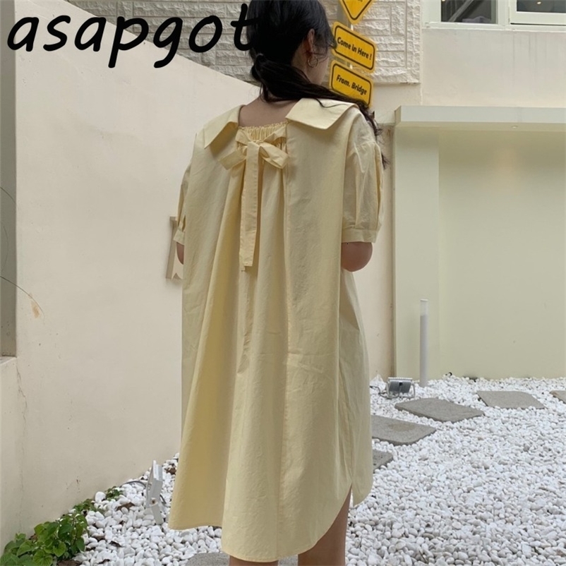 Dresses Summer Loose Back Lace Up Bow Yellow Double Breasted Dress Peter Pan Collar Girls Casual Clothes Fashion Wild Chic 210429