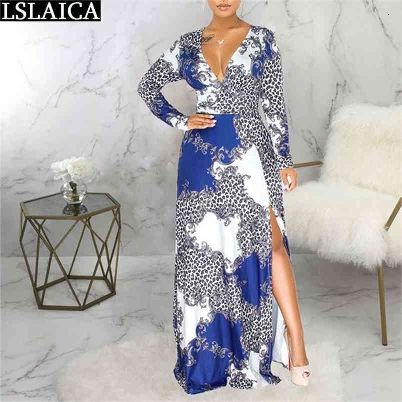 Beach Dress Slim Thigh Slit Fashion Party Bohemian Women Clothing Long Sleeve Floor-Length A-Line Deep V Neck Robe Longue Femme 210515