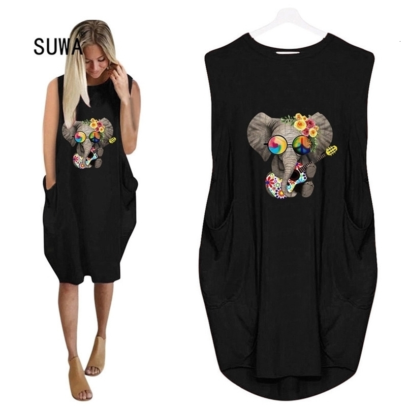 6 Color Cute Elephant Cartoon Print Loose KneeLength Dress Summer Women O Neck Sleeveless Tank Dress With Pocket T200618