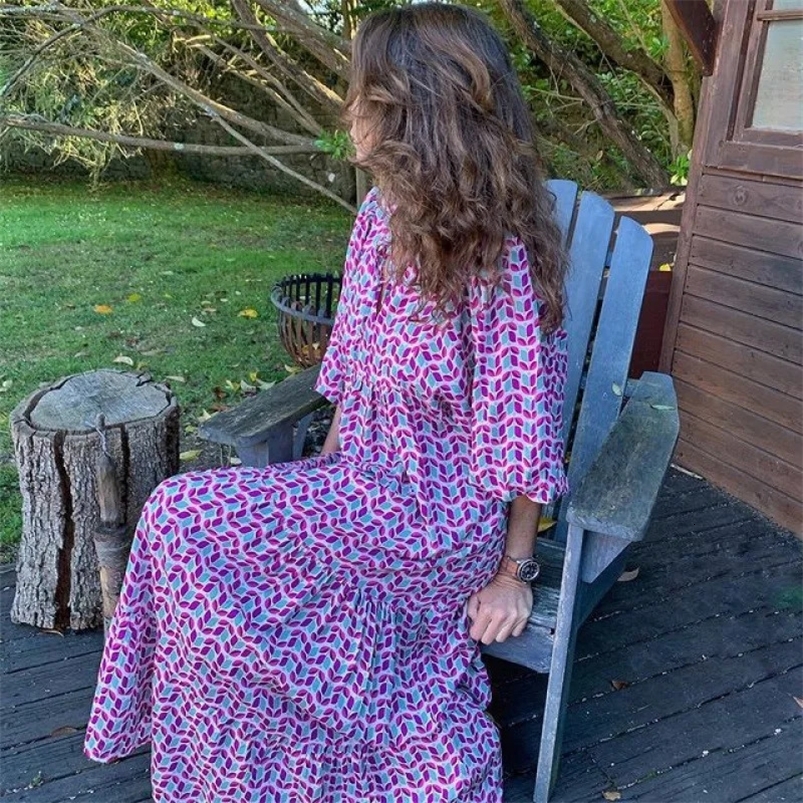 Summer Women Dresses Floral Print Ruffles Boho V-neck Puff Sleeve Casual Loose Beach Dress Half Sleeve Holiday Maxi Long Dress 250519