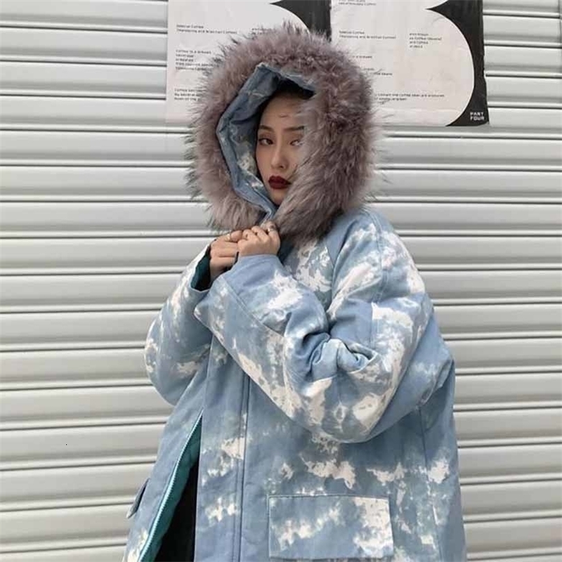 Women's Korean style loose ins Harajuku style winter thick midlength camouflage hooded cotton jacket outwear 201019