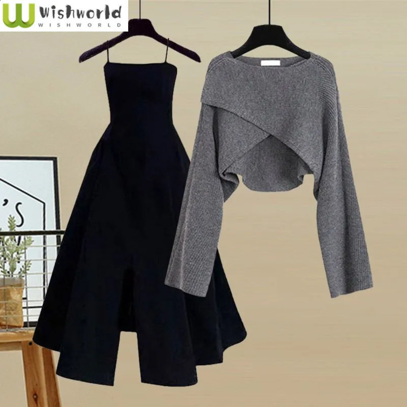 Spring and Autumn Set Womens Korean Fashion Cross Knitted Sweater Age Reducing Sling Dress Two Piece 240713