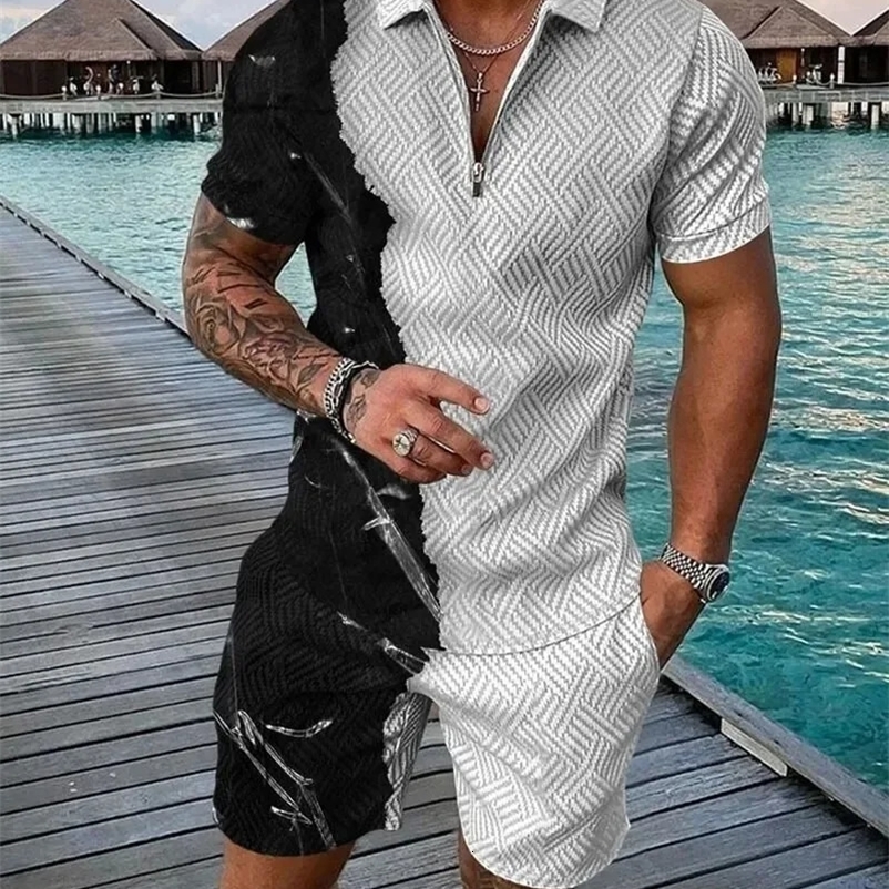 Summer 3D Print Mens Tracksuit Set Casual Zipper Polo Shirt Shorts 2pcs Sets Fashion Boho Geometric Style Men Holiday Clothing 250224