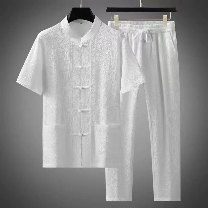 Summer Chinese Style Men Short Sleeve T-shirt Pants 2 Piece Set Mens Sports Solid color Suit Breathable Tracksuit 240518