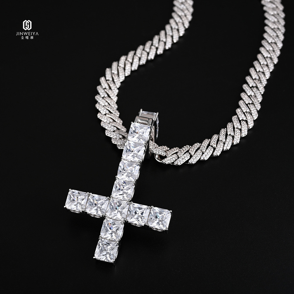 JWY Customized Trend Gold Plated Cross Pendant Necklace Icy Moissanite Link Chain for Men and Women Tennis Cross Pendant Style