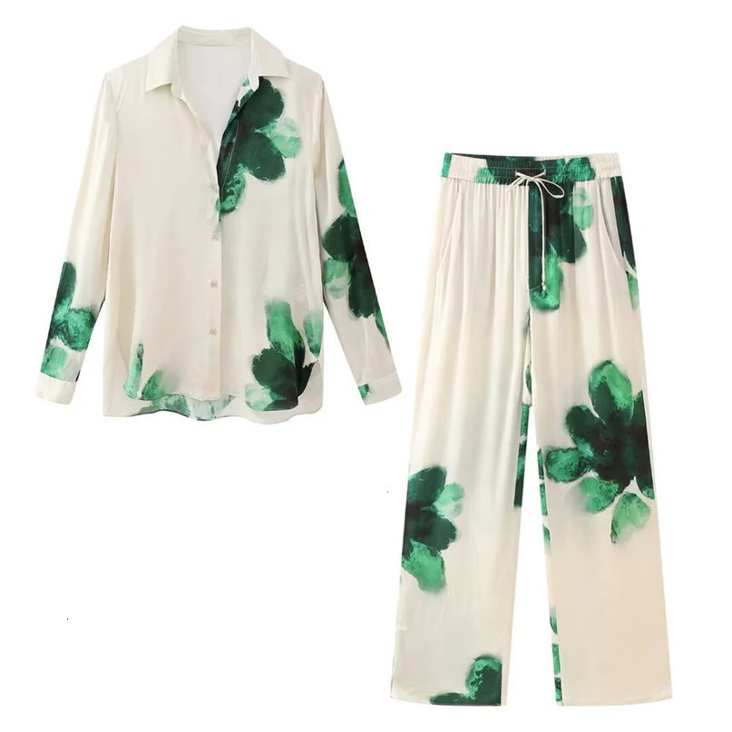 Zach Ailsa Spring Product Womens Casual Print Flip Collar Sagging Loose Shirt Fashion Elastic Waist Pants Set 240423