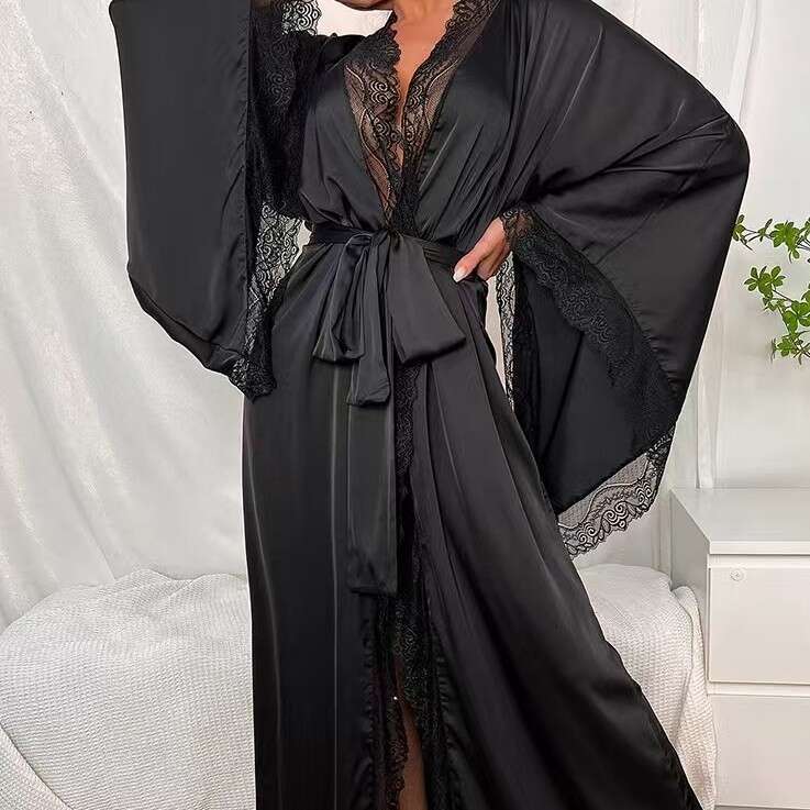 New Satin Nightgown Lace Light Luxury Long Sleeve Cool Nightdress Bathrobe Homewear for Women 7777