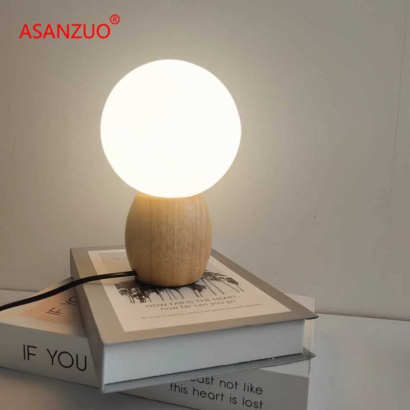 ASANZUO Wood table lamp milk white glass ball decor Bedroom bedside lamp Study Childrens eye protection warm LED desk lamp C251115
