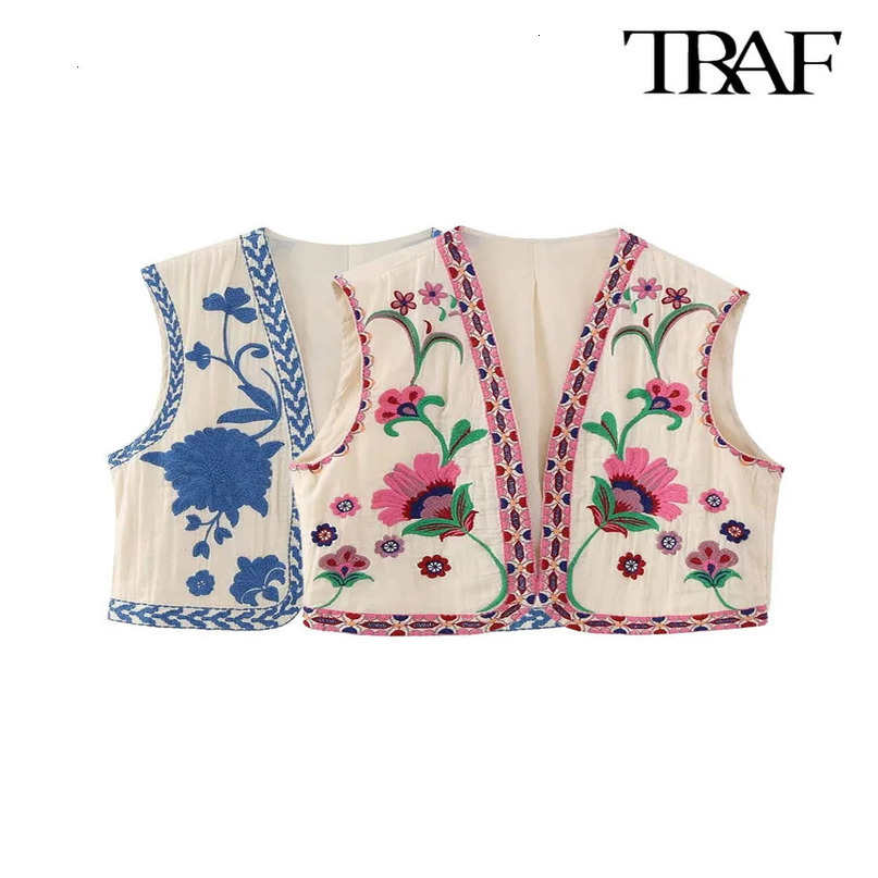 TRAF Women Fashion Floral Embroidery Waistcoat Vintage Sleeveless Front Open Female Outerwear Chic Vest Tops 240523