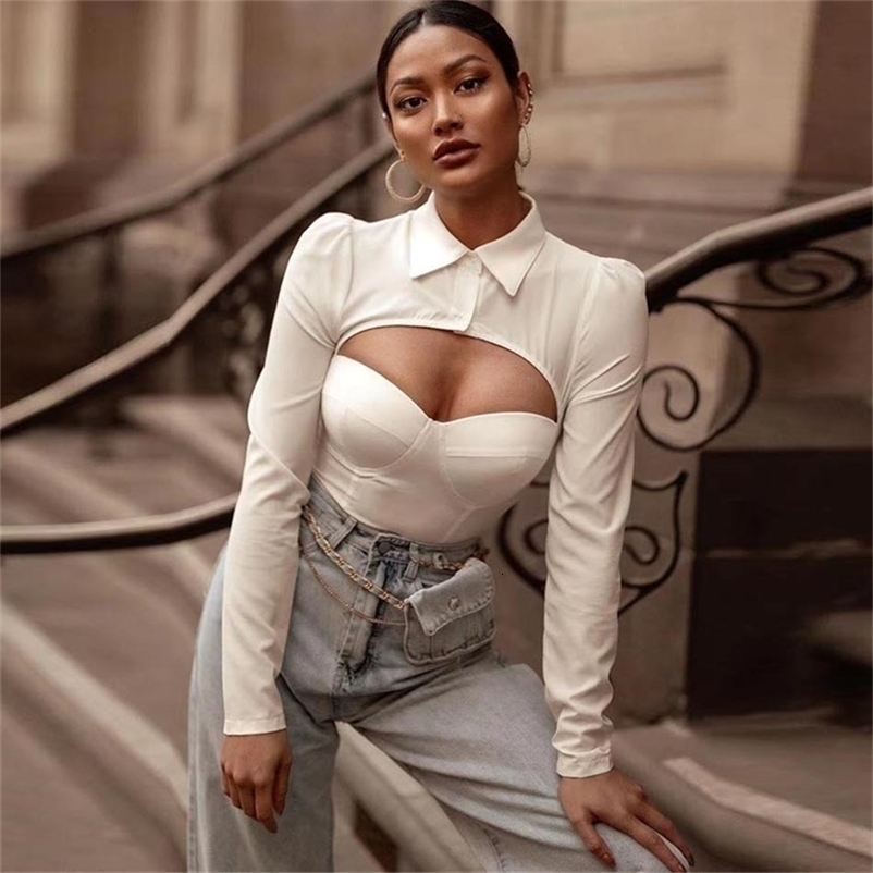 Free Chic Hollow Shirt Summer Women's Lapel Long Sleeve White Sexy Slim Crop Top Fashion Club 210524