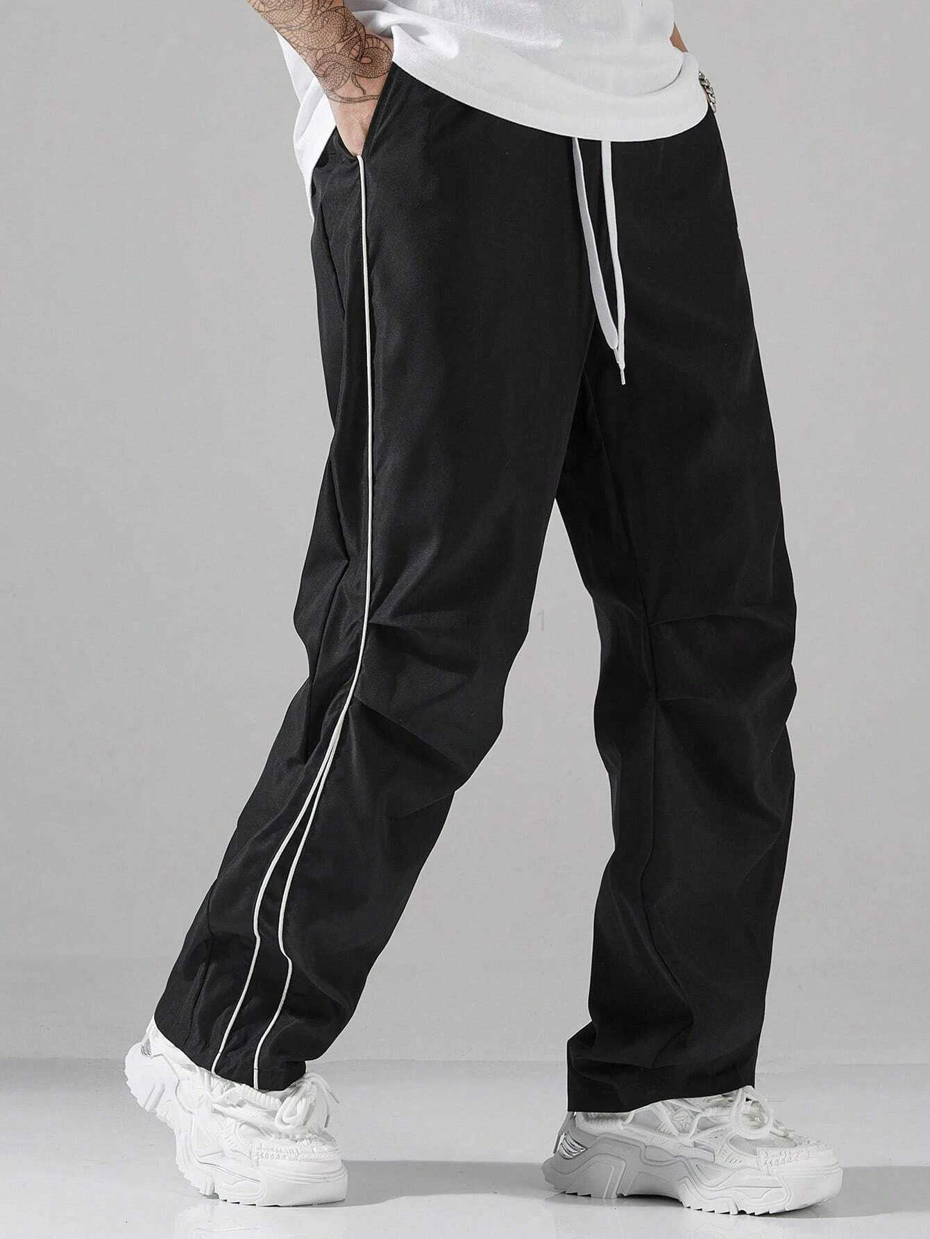 Larbulse Men Contrast Trim Trouser Fashion Casual Pants Solid Color Breathable Loose Straight Drawstring Pants Streetwear T250924