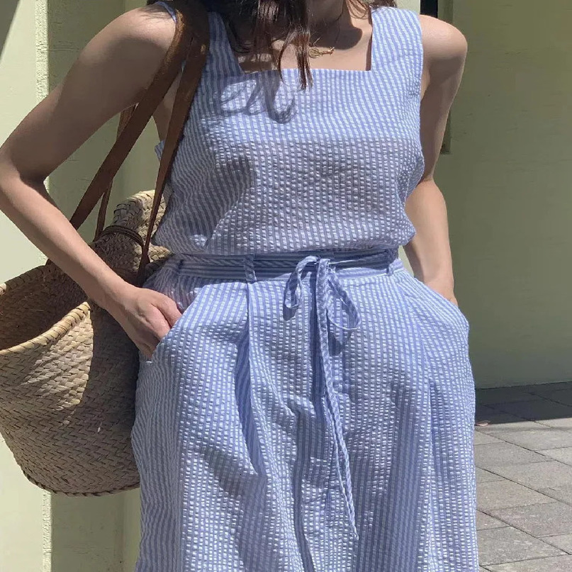 Korean Fashion 2 Two Piece Set for Women Summer Outfits Striped Sleeveless Tops Vest Midi Skirt in Matching Sets 240423