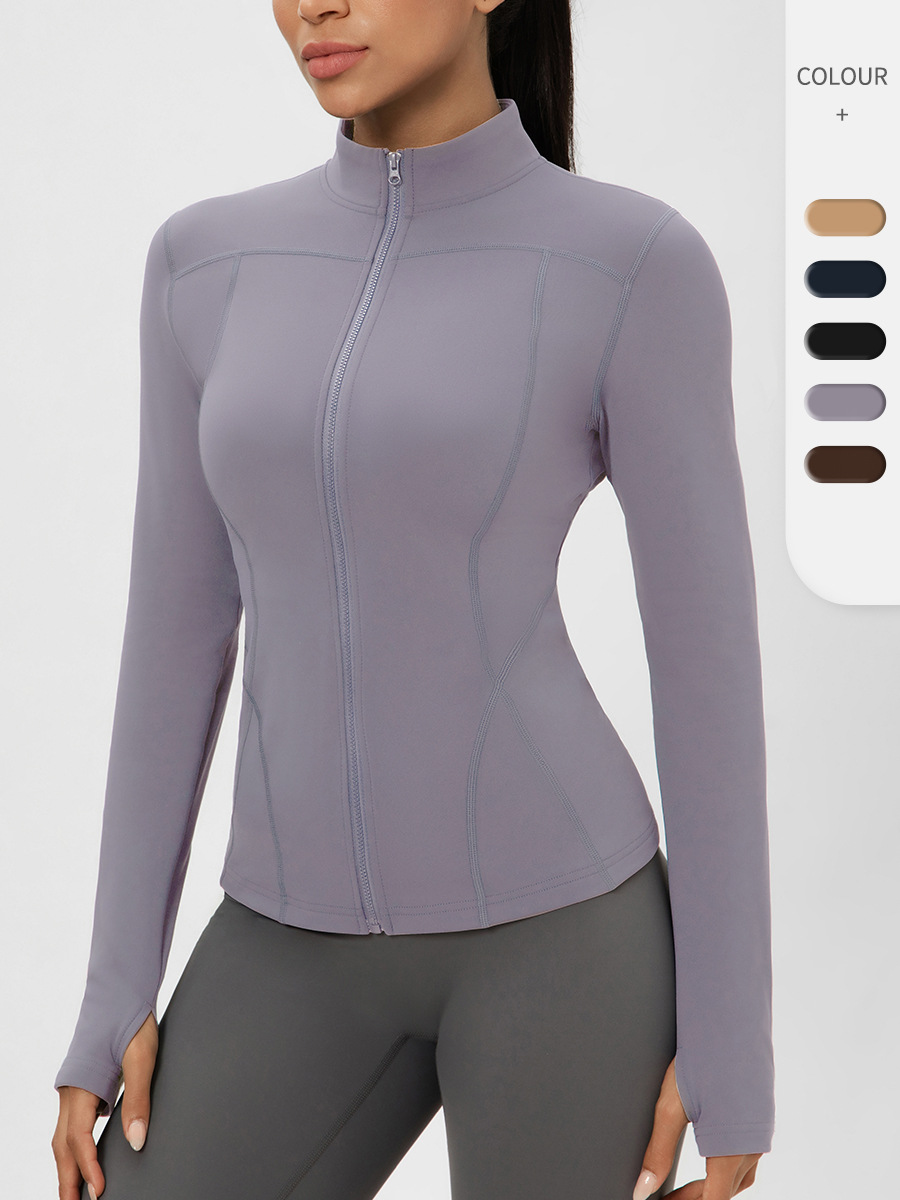 Women's Zipper Yoga Fleece Standing Collar Waist Cinching Slimming Running And Fiess Top Quick Drying Tight Fitting Sports Jacket