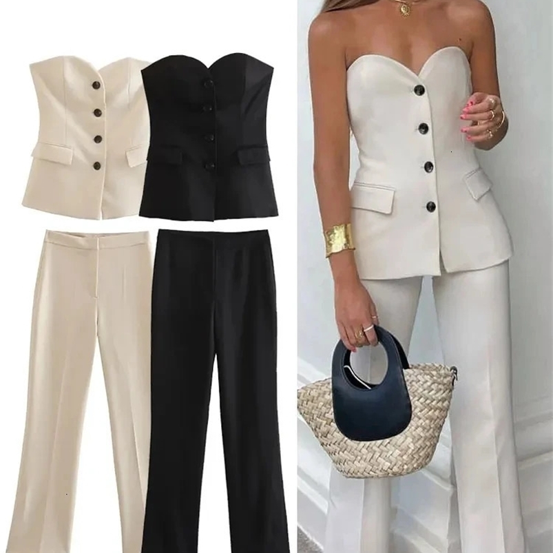 TRAFZA Womens Elegant Solid Pants Set Front Button Strapless Sexy Tank TopSide Seam Trouser Womens Fashion Street Clothing Set 241230