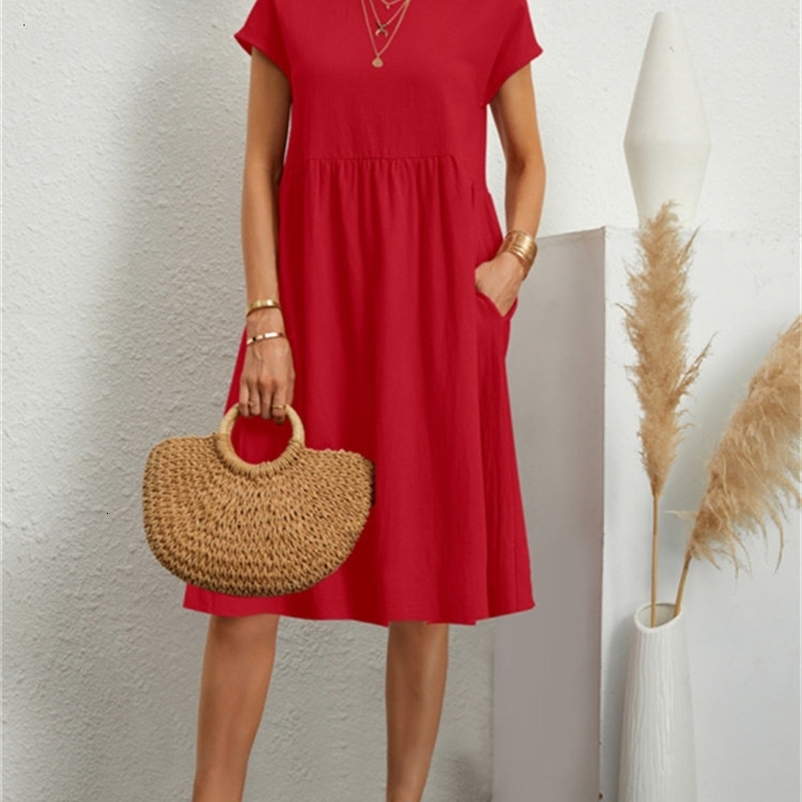 Basic Casual Dresses Eotvotee Cotton Linen Summer Dress for Women High Waisted O Neck Short Sleeve Midi Dresses Solid Vintage Casual Dress 230519