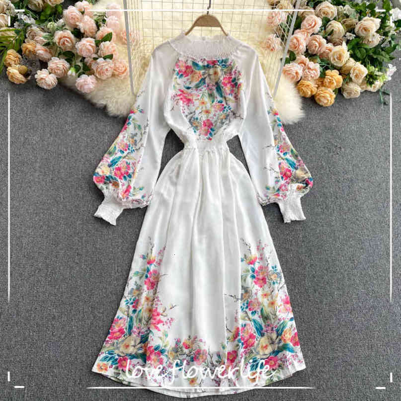 LoveFlowerLife Spring Autumn Vintage A Line Slim Print Dress Puff Sleeve O Neck Mid Calf High Waist Women Party Dresses 210521