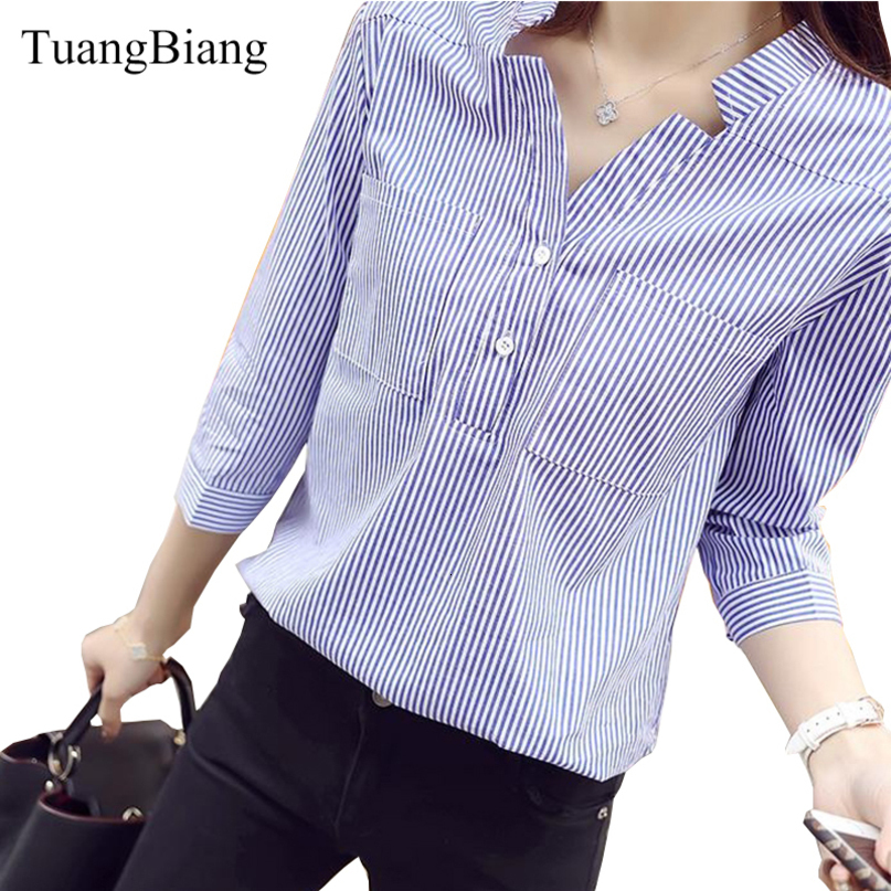 Women's Blouses Shirts Spring Three Quarter Sleeve Stand Collar Shirt Women Blue And White Striped Loose Plus Size Blouse Female Vintage Tops 220