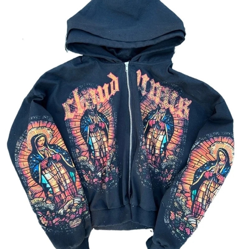 Y2k Fashion Printed Hoodie Harajuku Hip Hop Long Sleeve Coat Loose Zipper Hoodie Fashion Sportswear Mens Street Clothing 241111