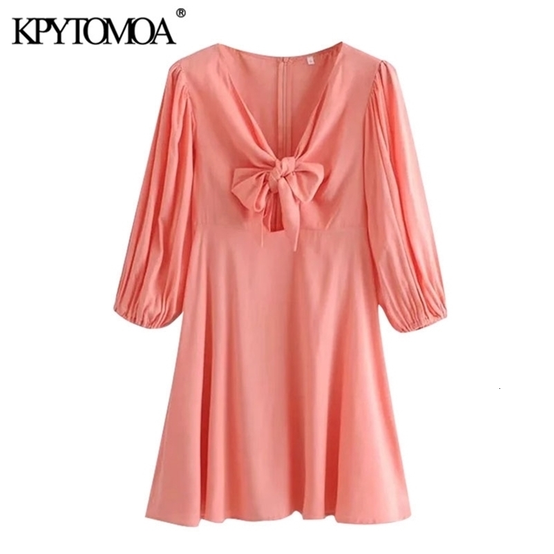 Women Chic Fashion With Bow Tied Pleated Mini Dress Puff Sleeve Back Zipper Female Dresses Vestidos Mujer 210420