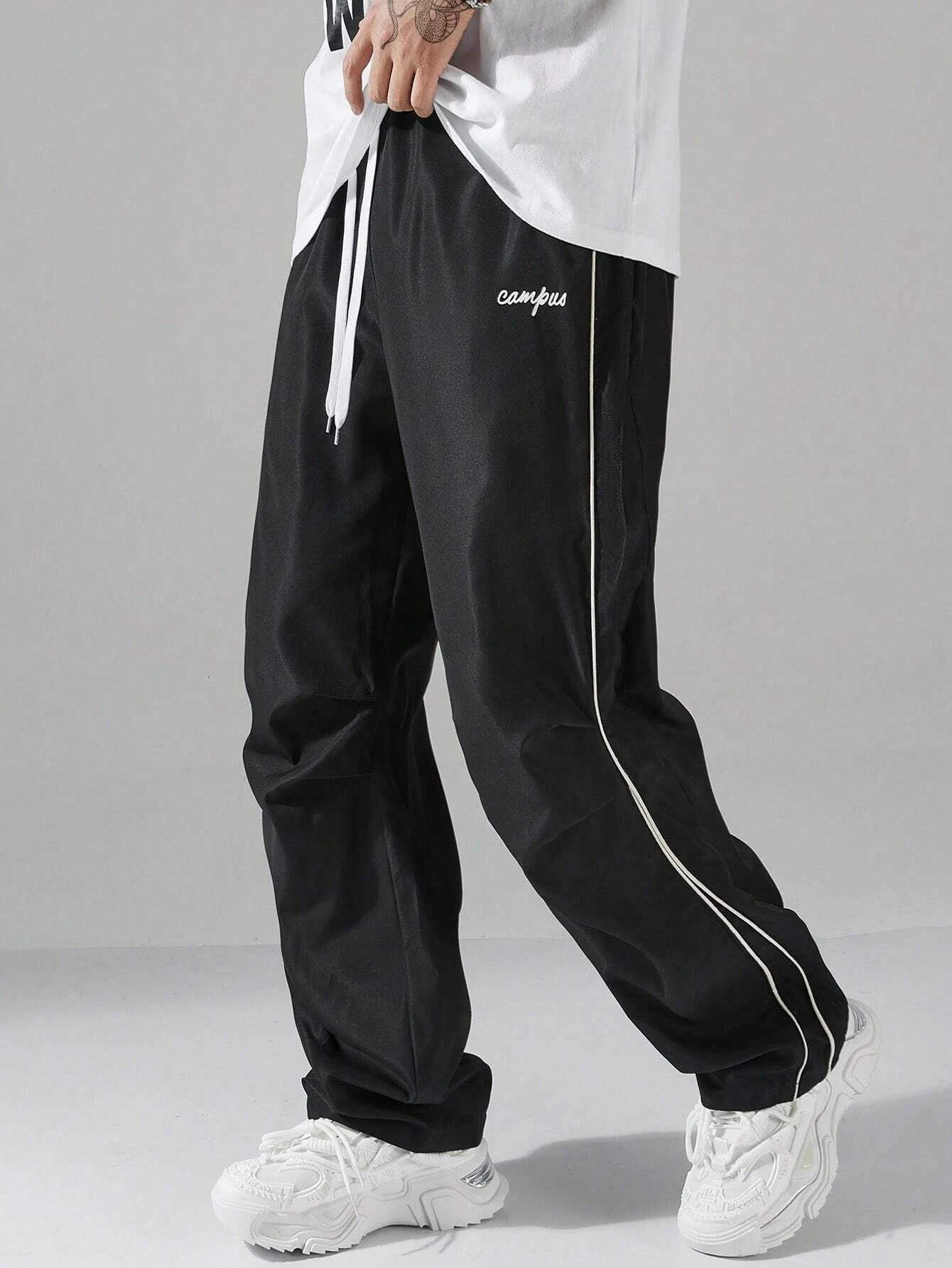 Larbulse Men Contrast Trim Trouser Fashion Casual Pants Solid Color Breathable Loose Straight Drawstring Pants Streetwear T250924