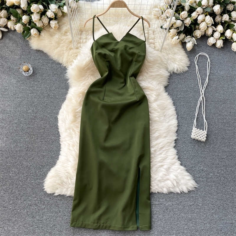 DEAT Women Sling Slim Split Backless Dress V-Neck Sleeveless Arrivals Lady Temperament Fashion Spring Summer 11D576 210709
