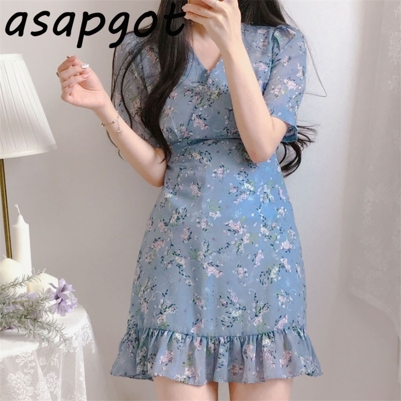 Korean Chic Fresh V Neck Lace Up Chiffon Floral Dress Women Mini Short Sleeve Ruffles Mermaid Summer Sweet Slim Retro Elegant 210429