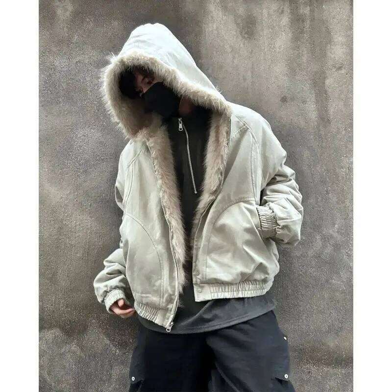 American Winter New Vintage Hipster Hooded Padded Coat Men Y2K Haruku Punk Hip Hop Pocket Casual Joker Cotton-padded Jacket
