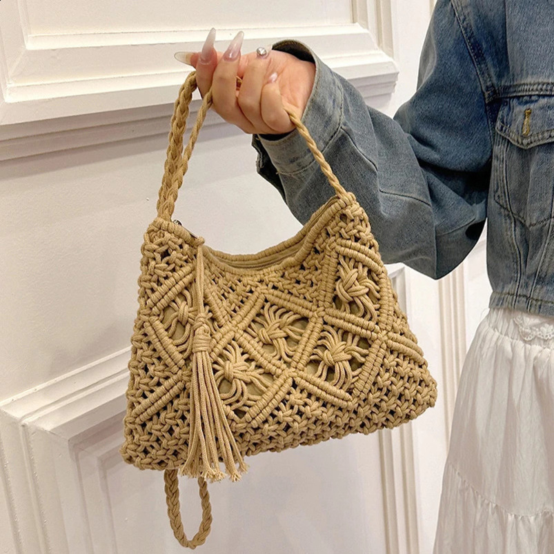 Womens crocheted shoulder bag tassel Bohemian solid color hollow hand woven cross shaped messenger handbag 241014