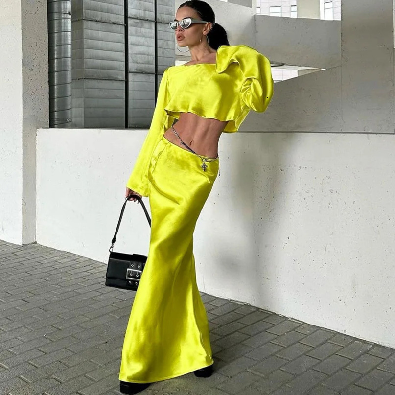 Jocoo Jolee Long Sleeve Midi Dress Sets Women 2 Piece Outfits Off Shoulder Top Bodycon Satin Two Set 240423
