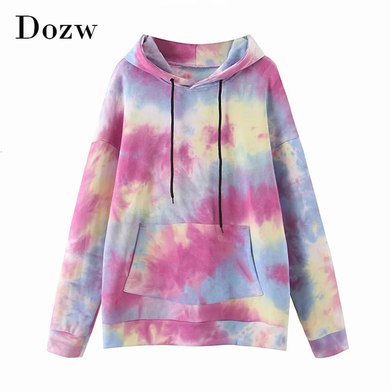 High Street Colorful Hooded Hoodies Women Batwing Long Sleeve Loose Sweatshirt Pocket Drawstring Lady Hoodie Sweatshirt 210414