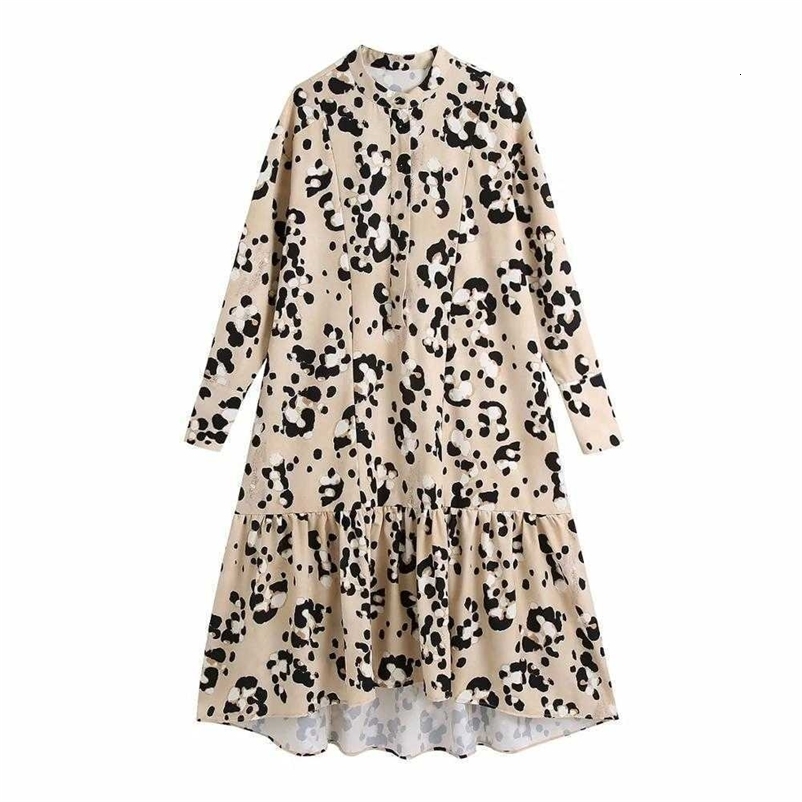 Women Printed Midi Dress Oversized Loose Style Ruffled Hem Casual Elegant Chic Midi Woman Dresses 210709