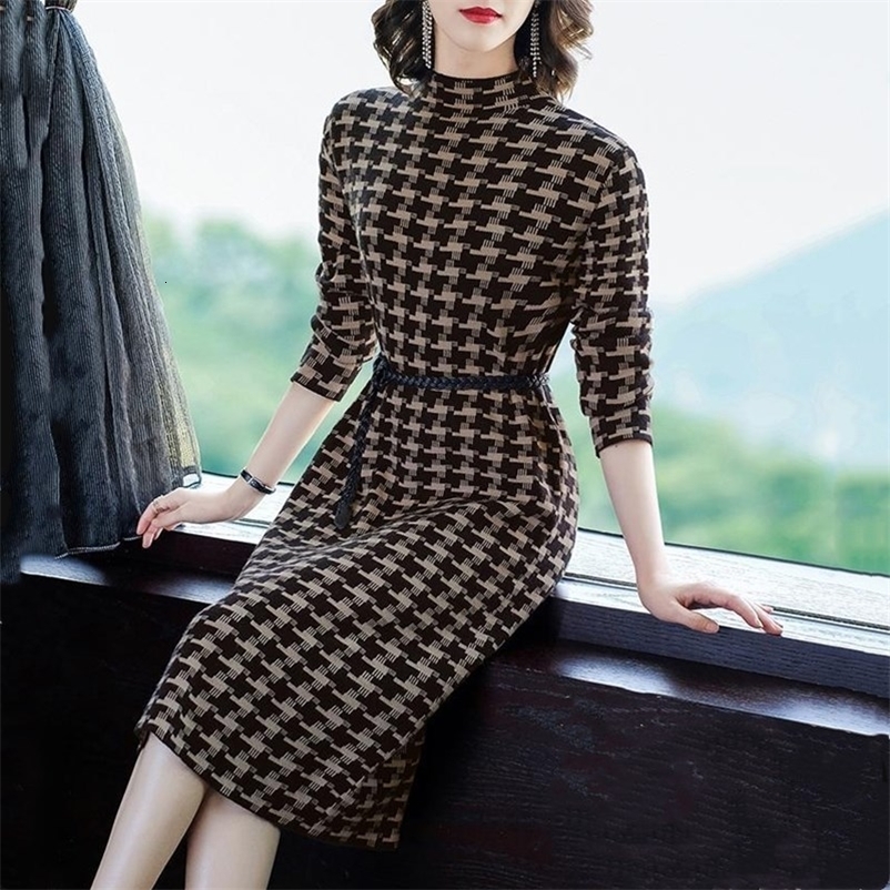 Casual Dresses Casual Dress For Women Female Knitting Clothes For Srping Autumn Turtleneck Plaid Thicken Slim Knee-Length Bottom Vestidos 230316