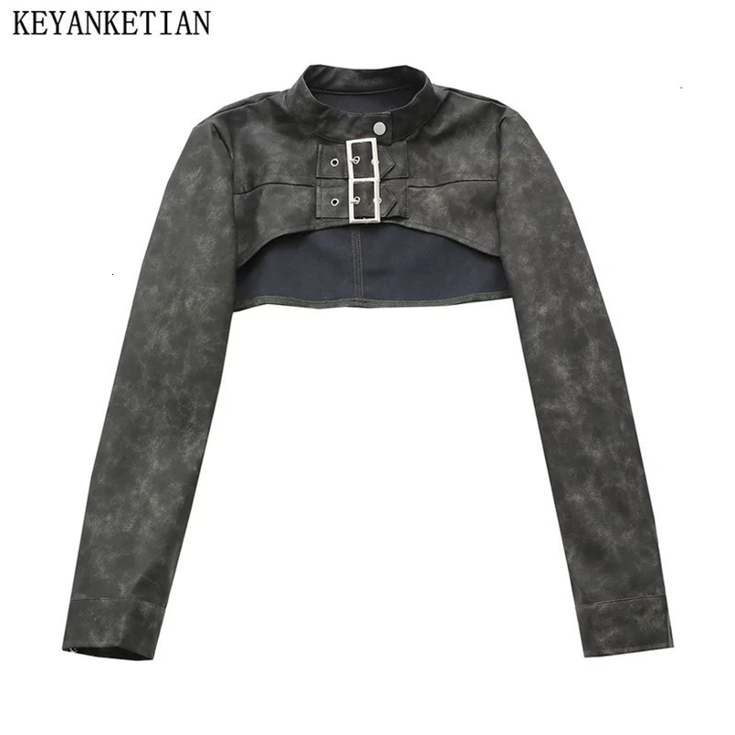 KEYANKETIAN Autumn Womens Ultra Short Faux Leather Jacket High Street Stylish O-Neck Long Sleeve Zip-up Slim Crop Top 240930