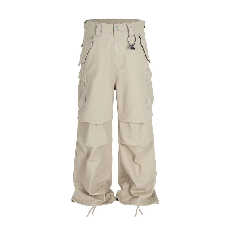 New Streetwear Knee Pleated Silhouette Baggy Cargo Pants for Men Solid Straight Casual Trousers Oversized Multipockets Pants