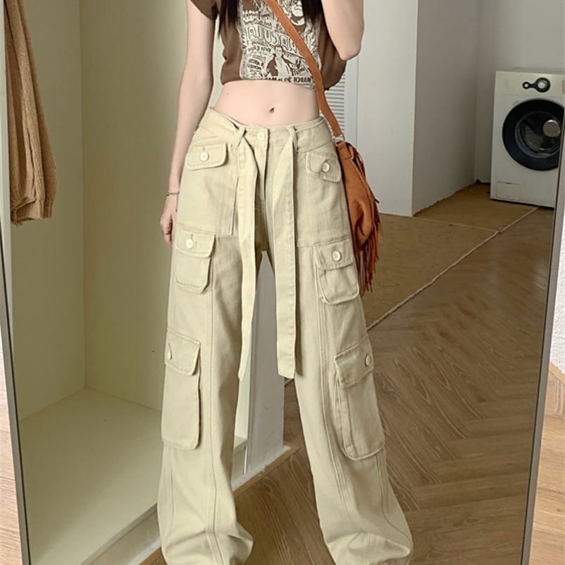 Women's Pants Capris Harajpee Women Retro Jeans Women's High Waist Straight Pants Summer Safari Style Loose Wide Leg Pants Overalls Long Pan