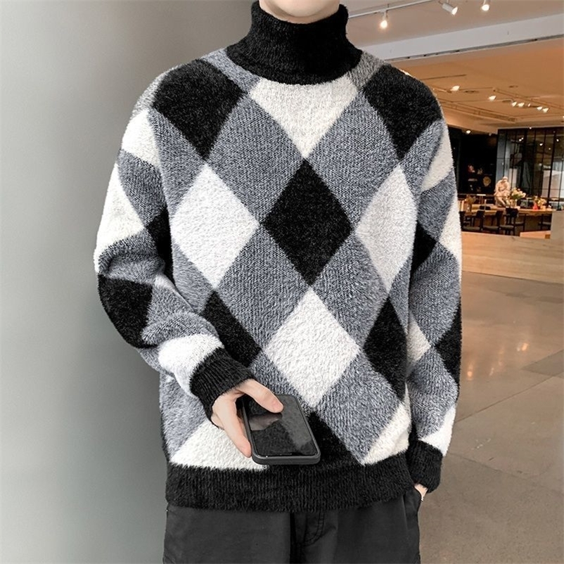 Men's Sweaters turtleneck sweater Korean version men's casual round neck winter loose lapel sweater top plus velvet to keep warm 230302