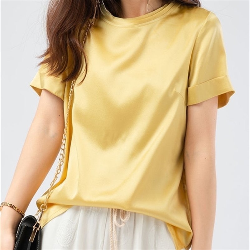 Women Summer Blouses 100% REAL SILK Satin O Neck Short Sleeved Solid Casual Blouse Shirt Spring Shirts 210519