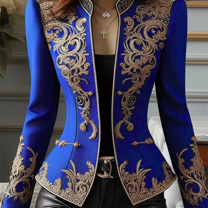 Elegant Chic Jacket Women Vintage Floral Stand Collar Slim Waist Asymmetric Loose Long Sleeves Tops Blazers Coats 250207