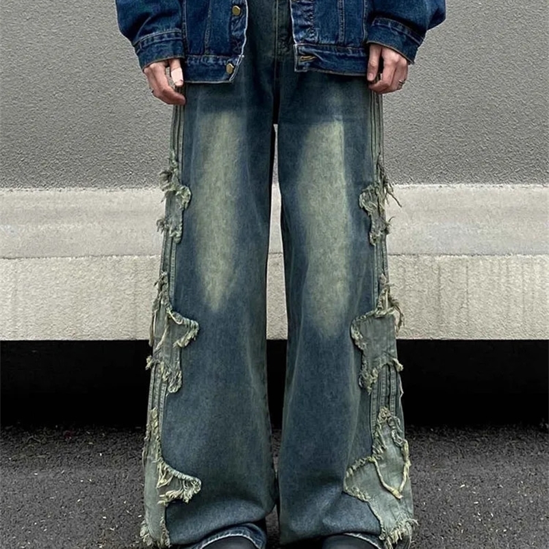 Ropa Y2K Streetwear Star Patch Embroidery Baggy Stacked Jeans Pants For Men Clothes Wide Leg Old Straight Denim Trousers 240912