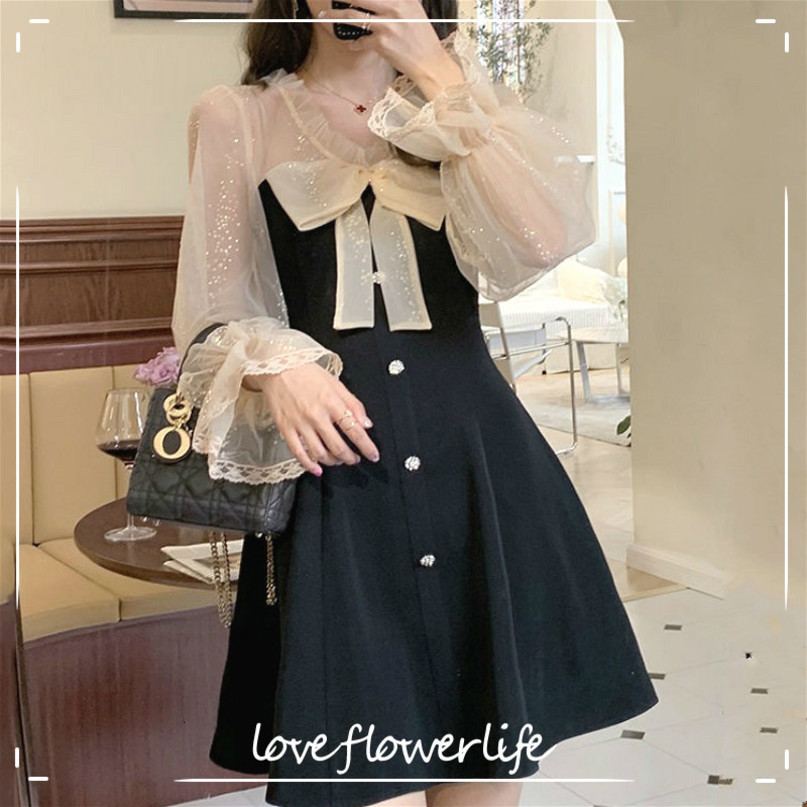 Elegant Mini Party Dress Women Casual Bow Lace Long Sleeve Black Vintage Dress Bow Sexy Dress Korean Spring Chic 210521