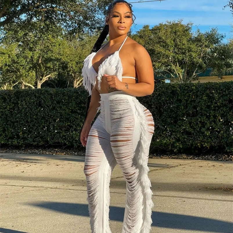 Sexy womens crochet set two-piece set strapless backless top knitted 2-piece set hollow crochet beach set 250423