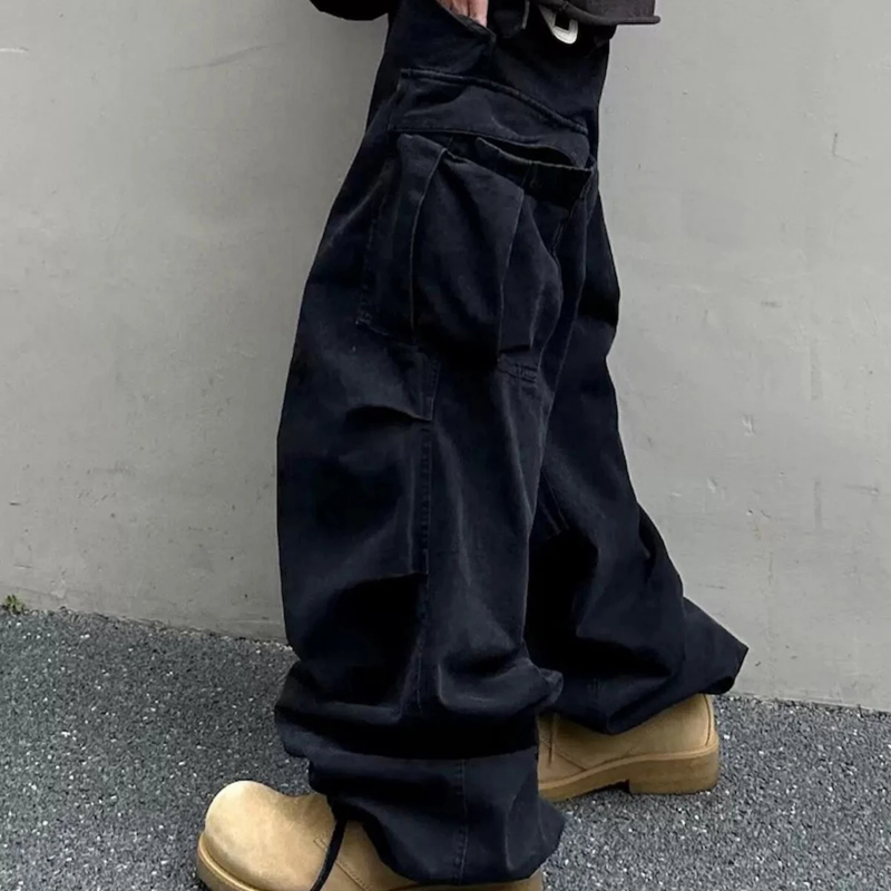 New Streetwear Knee Pleated Silhouette Baggy Cargo Pants for Men Solid Straight Casual Trousers Oversized Multipockets Pants