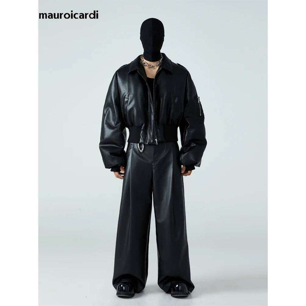 hoodie Mauroicardi Autumn Winter Short Thick Warm Black Pu Leather Jacket Men with Long Sleeve Zipper Casual Designer Clothes